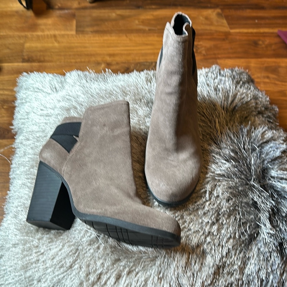 Suede Ankle Bootie-gray brown. 4 in heel. 8 in from sole to top of boot